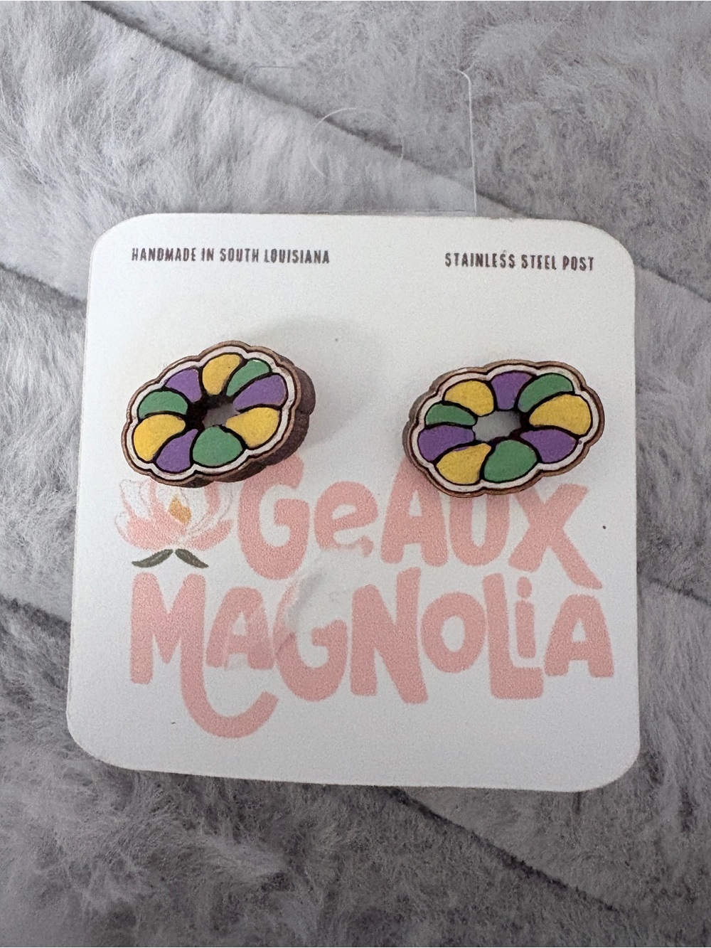 Handmade Mardi Gras Beaded Donut Stud Earrings - Purple, Green, Yellow